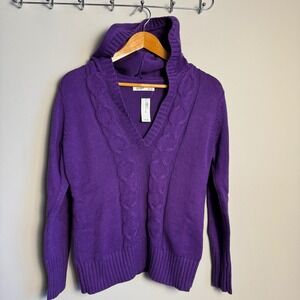 Old Navy Womens Cable Knit V-Neck Hoodie Sweater Purple Size Medium Retro Preppy